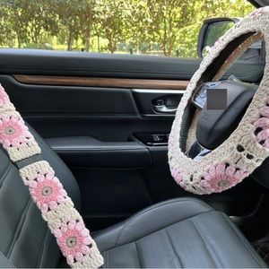 Handmade Crocheted Steering Wheel Cover and Seatbelt Covers
